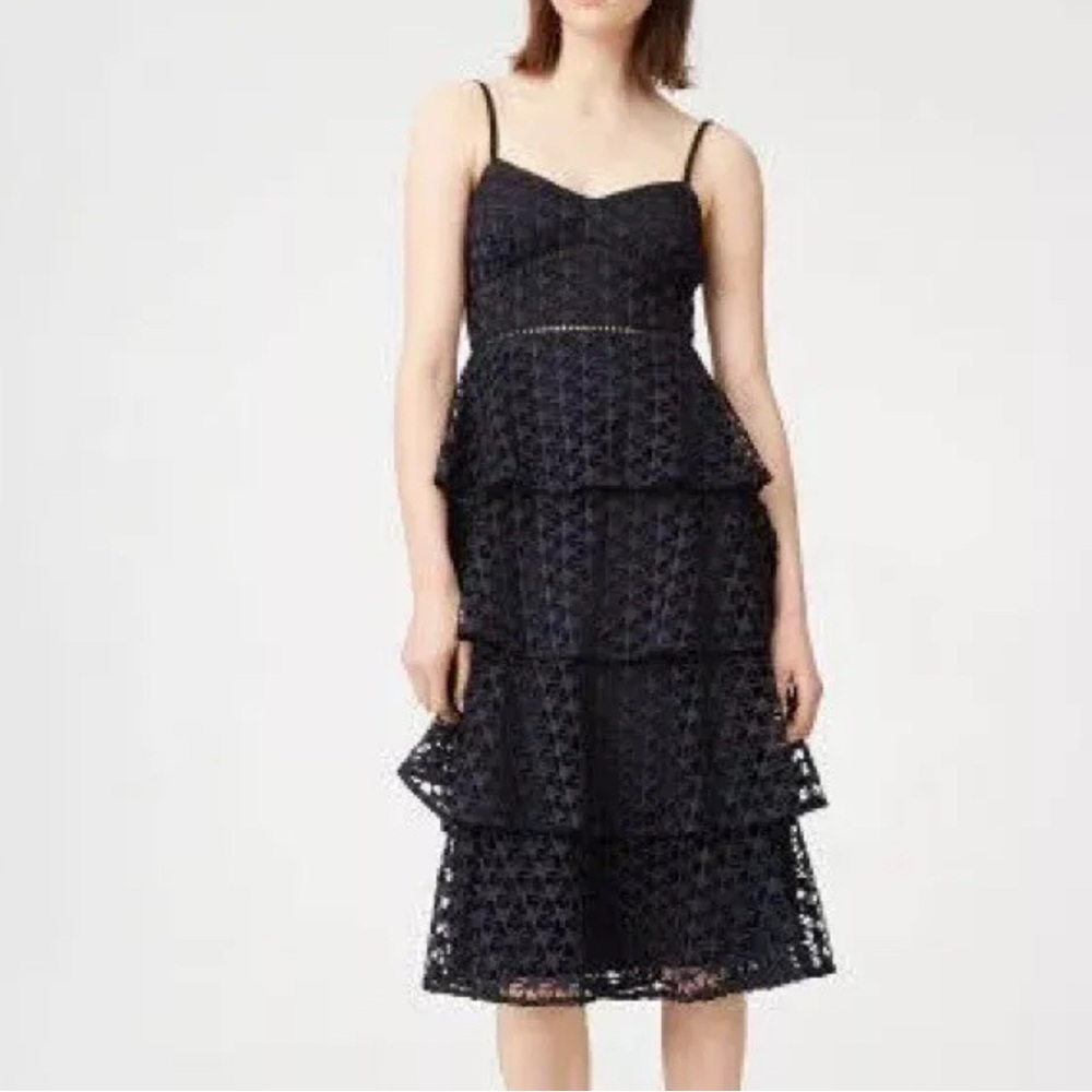 Club Monaco Star Lace Midi Dress / Navy Blue Tiered Formal Sleeveless Dress